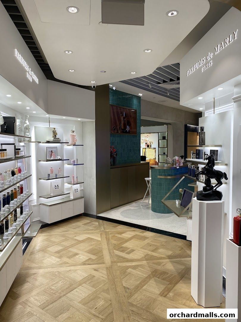 Interior view of a luxury perfume boutique showcasing various fragrances and elegant displays.