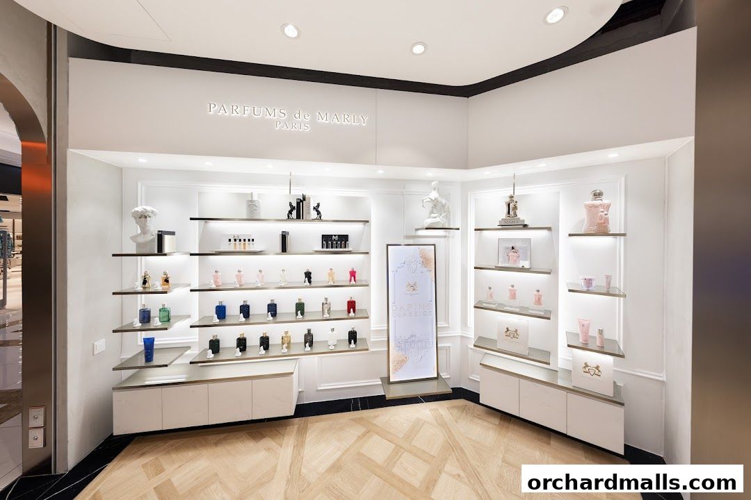 A well-lit perfume boutique showcasing various designer fragrances on display shelves.