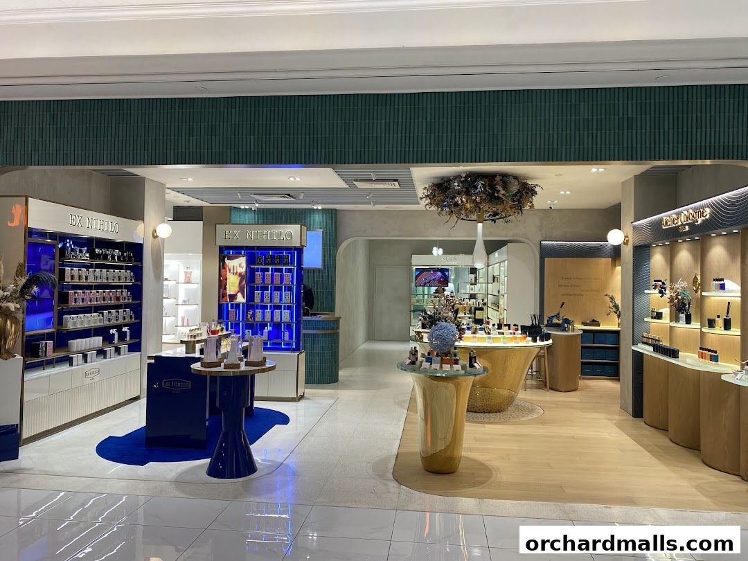 Interior view of a luxury perfume boutique showcasing various brands and products.