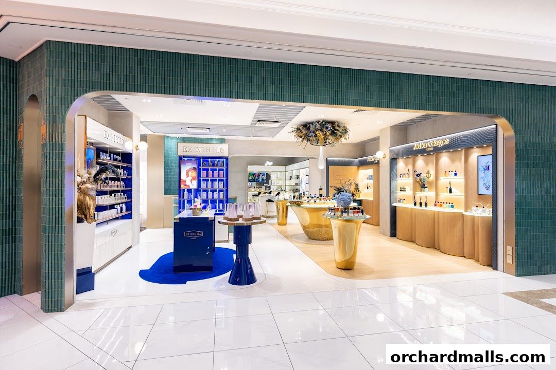 Interior view of a luxury perfume boutique showcasing various brands and products.