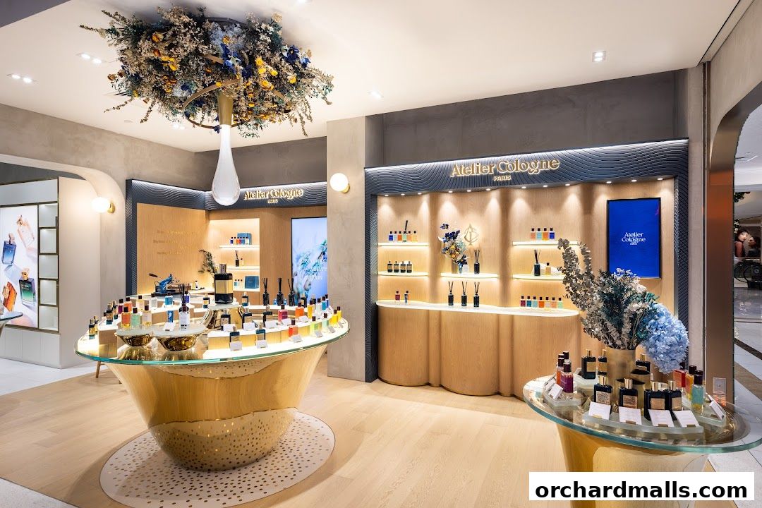 Interior of a luxury perfume store with displays of various fragrances.