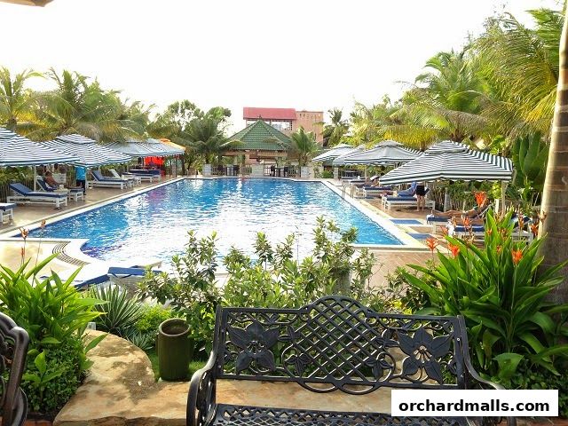 A resort-style swimming pool area with lounge chairs, umbrellas, and lush tropical greenery.