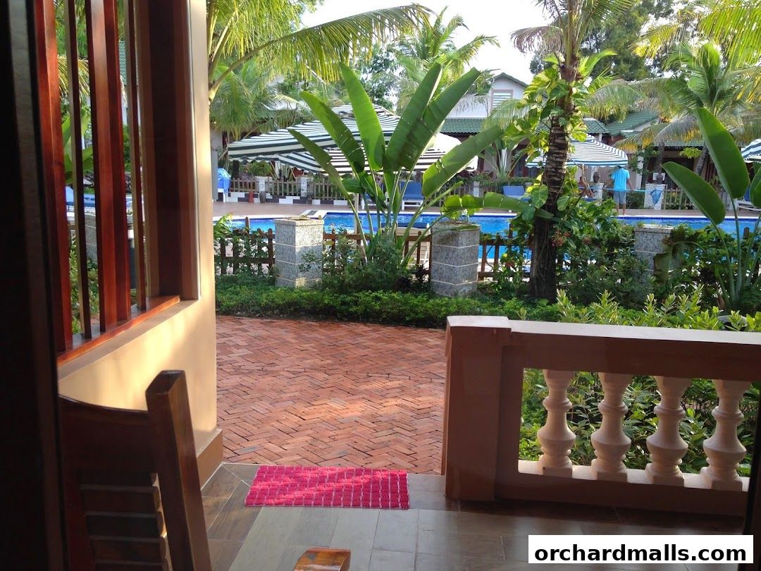 View of a resort pool area with palm trees and lounge chairs.