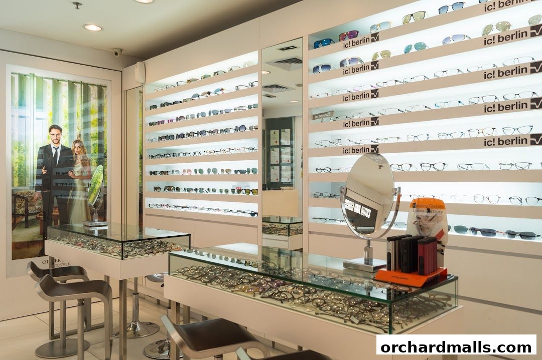 Interior of an optical shop displaying a wide selection of eyeglasses on illuminated shelves.