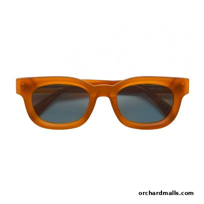 A pair of stylish orange-framed sunglasses with blue lenses.