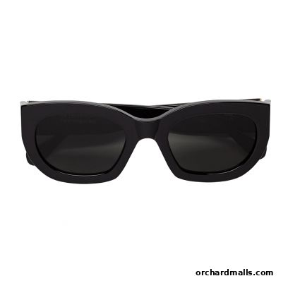 A pair of stylish black sunglasses with a thick frame and dark lenses.