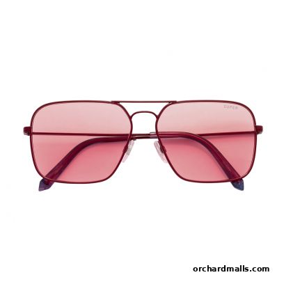 A pair of red aviator sunglasses with pink lenses and the brand name 'SUPER' on the lens.