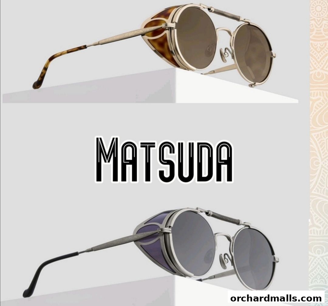 Two pairs of stylish Matsuda sunglasses with unique side shields are showcased.