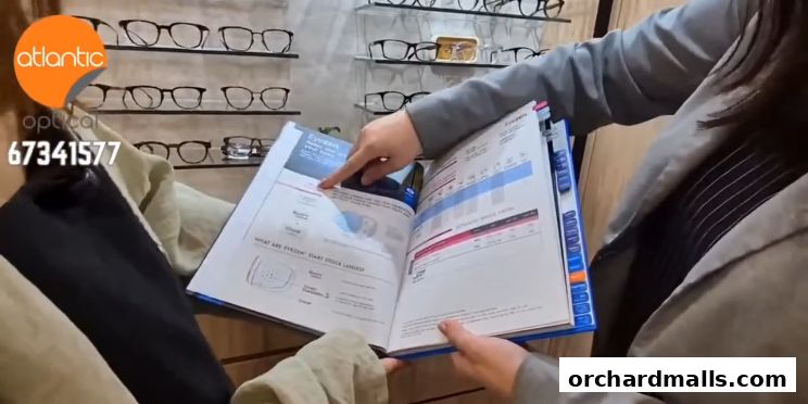 A person is holding an open catalog with eyeglass information at Atlantic Optical.