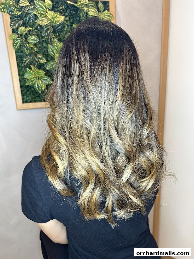 A woman's back with beautifully styled, ombre-colored hair.