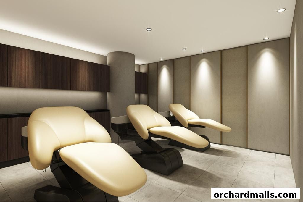 Interior view of a modern beauty salon with reclining chairs and ambient lighting.