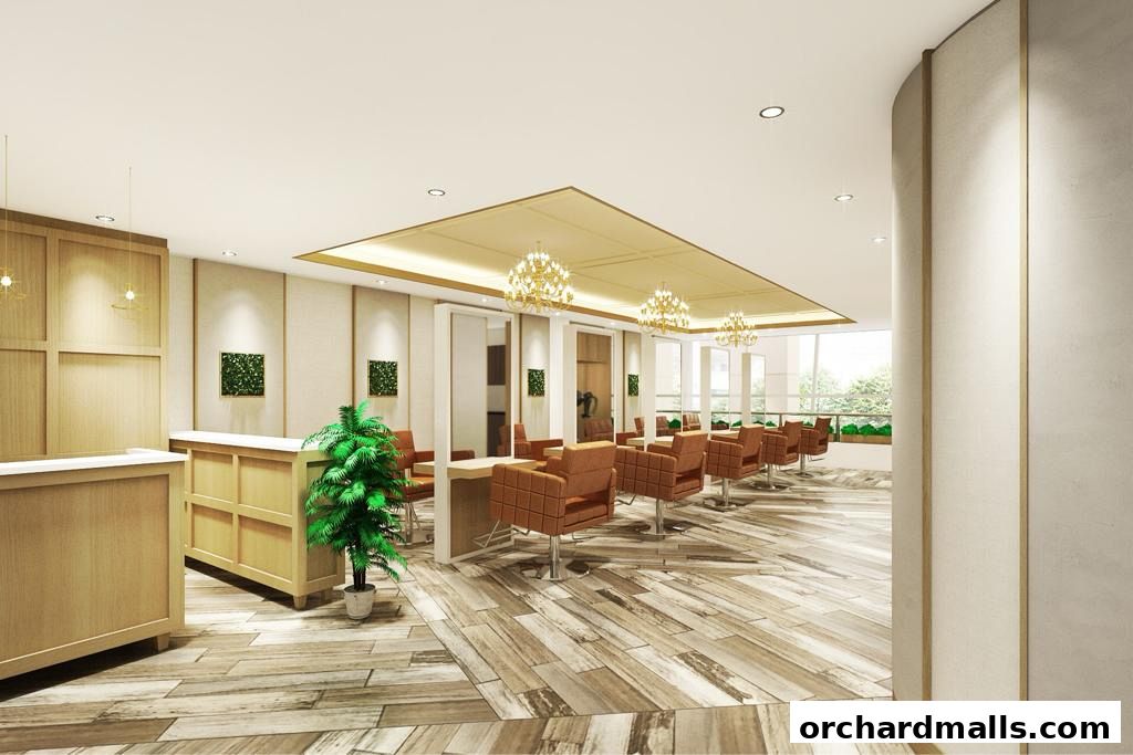 Interior view of a modern beauty salon with styling chairs and a reception desk.