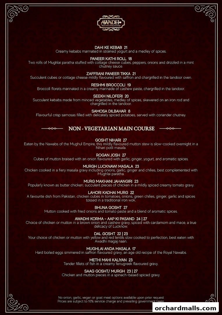 Menu page for 𝗔𝗪𝗔𝗗𝗛  Royal Indian Dining  Lounge