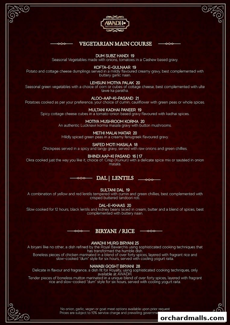 Menu page for 𝗔𝗪𝗔𝗗𝗛  Royal Indian Dining  Lounge