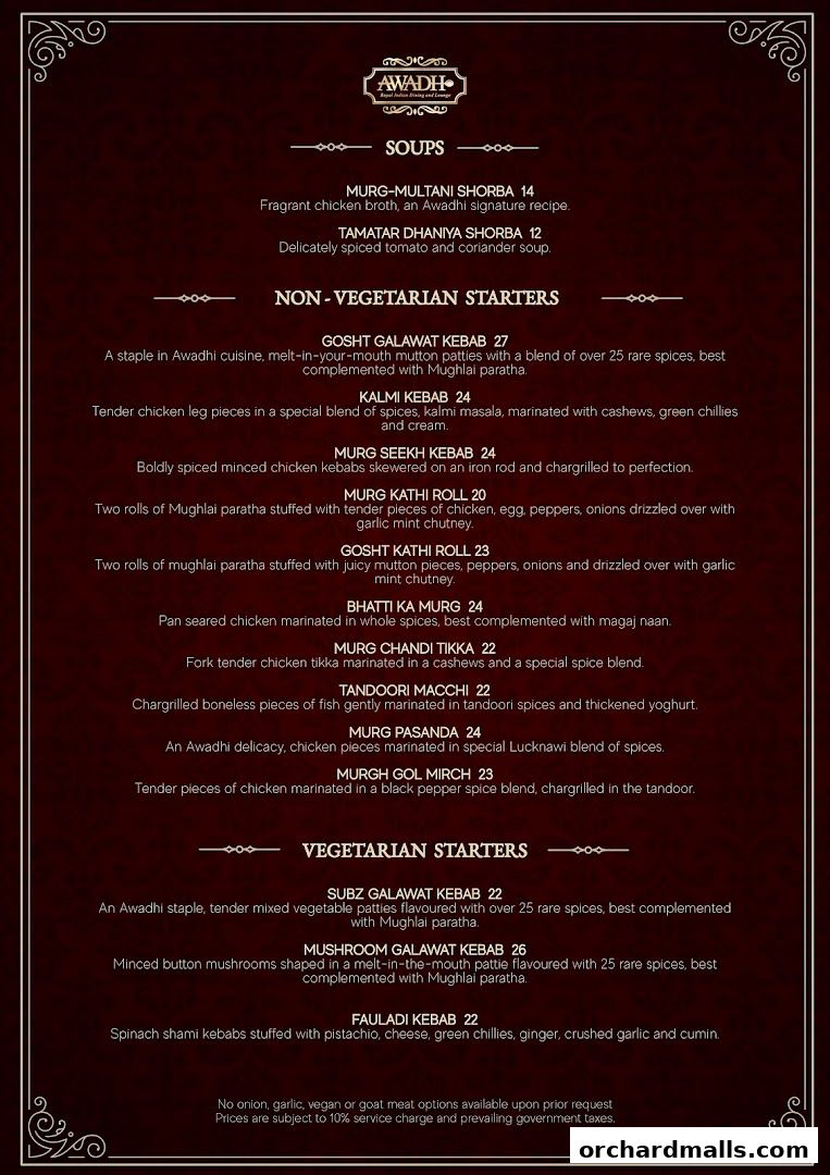 Menu page for 𝗔𝗪𝗔𝗗𝗛  Royal Indian Dining  Lounge