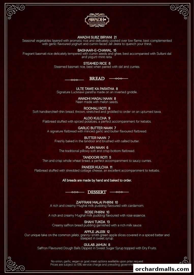 Menu page for 𝗔𝗪𝗔𝗗𝗛  Royal Indian Dining  Lounge