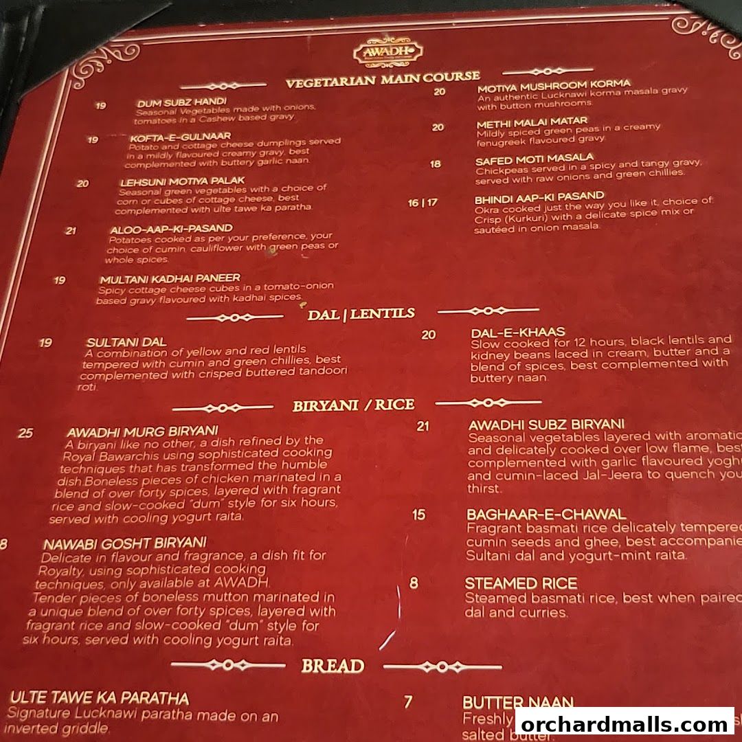 Menu page for 𝗔𝗪𝗔𝗗𝗛  Royal Indian Dining  Lounge