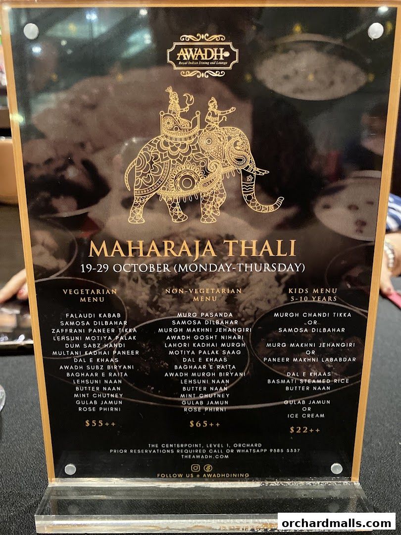 Menu page for 𝗔𝗪𝗔𝗗𝗛  Royal Indian Dining  Lounge