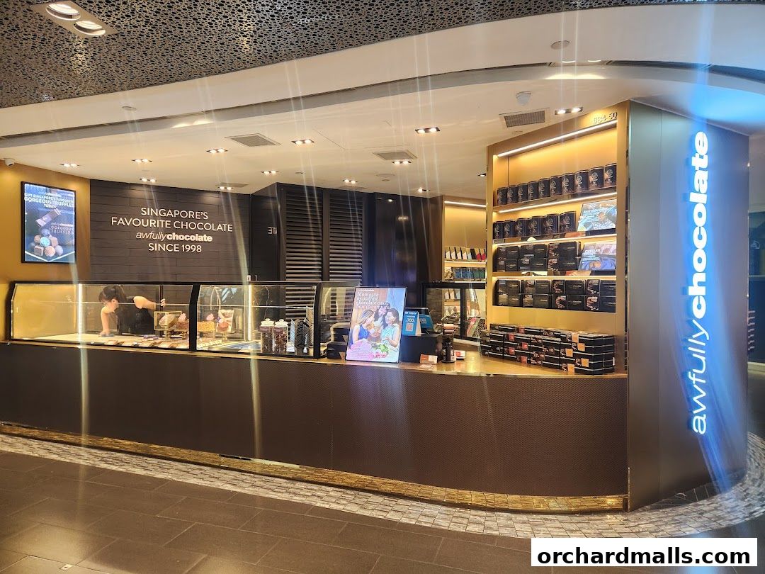 Awfully Chocolate shop interior with display cases and shelves stocked with chocolate products.
