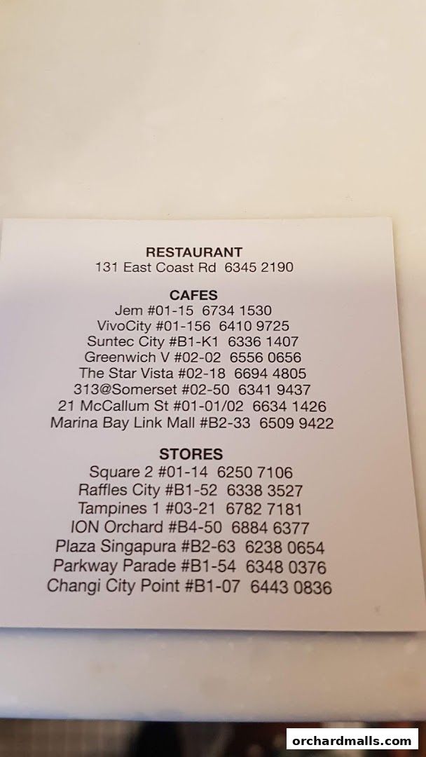 A list of restaurant, cafes, and stores with their addresses and phone numbers.