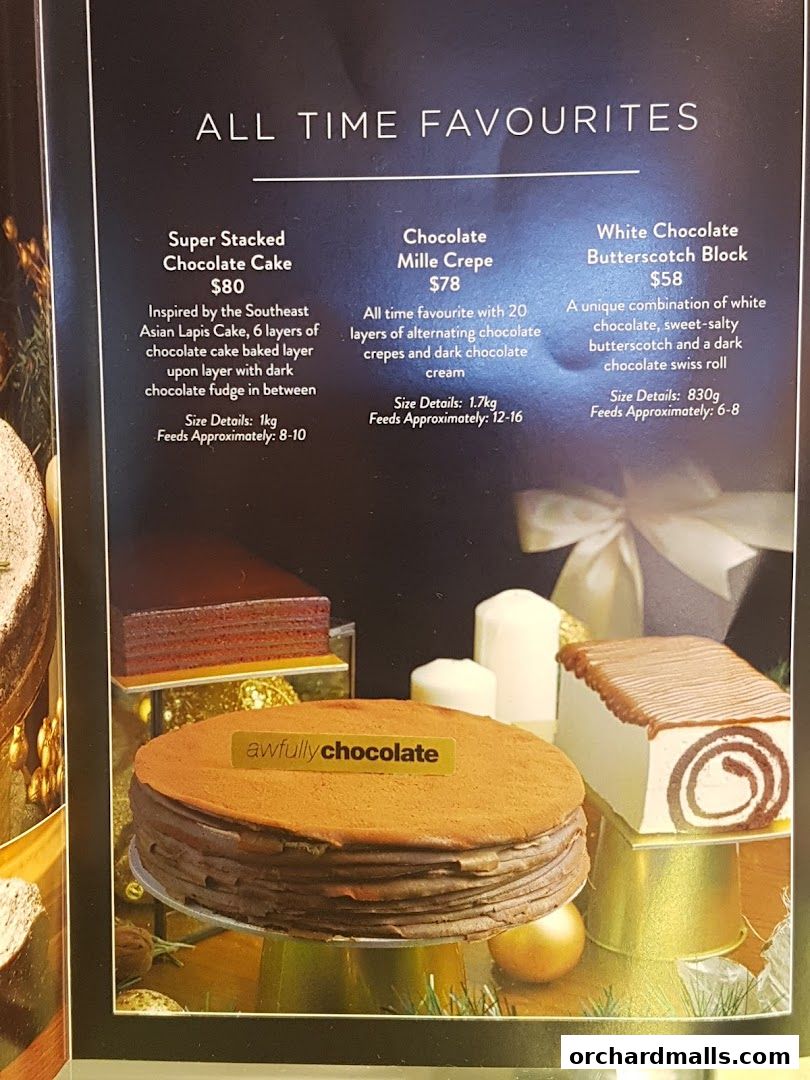 A menu showcasing three popular chocolate cakes with descriptions and prices.