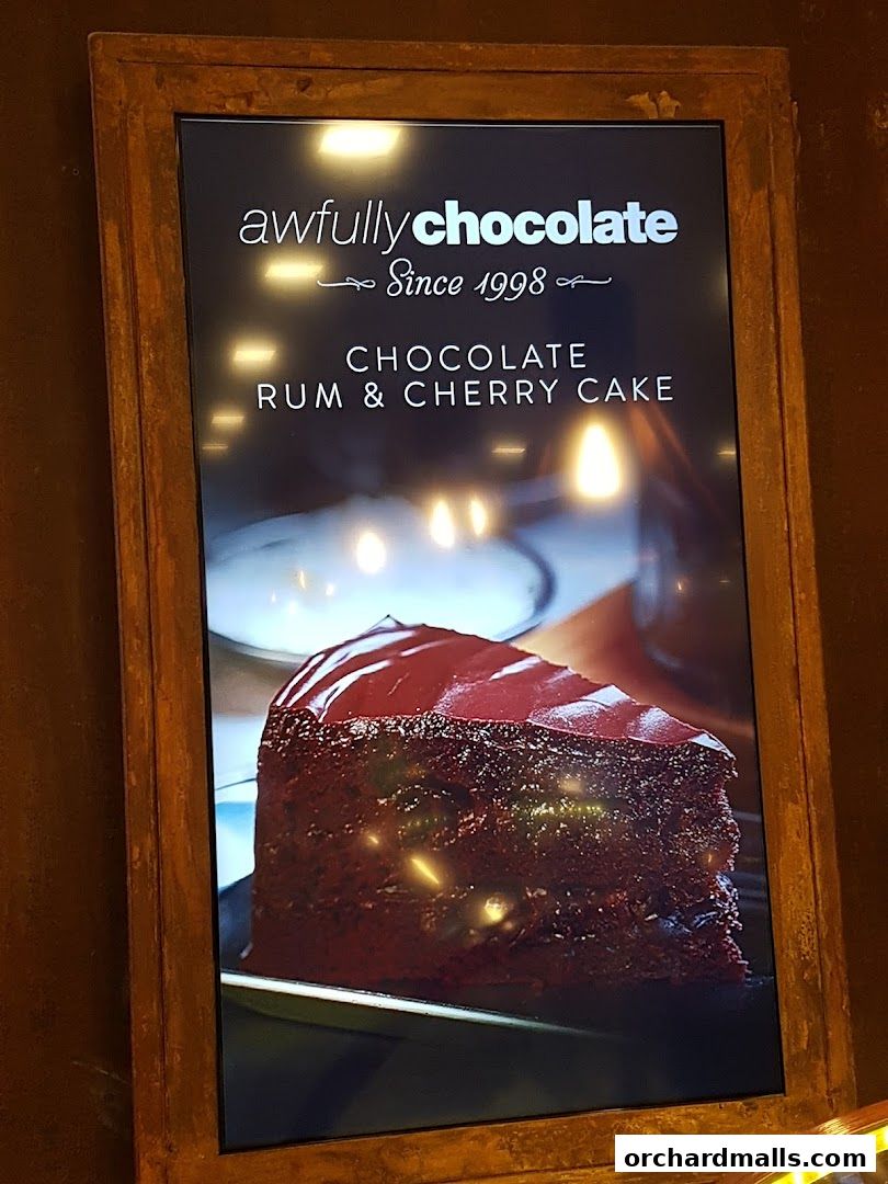 A slice of rich chocolate cake with glossy chocolate frosting is displayed on a screen.