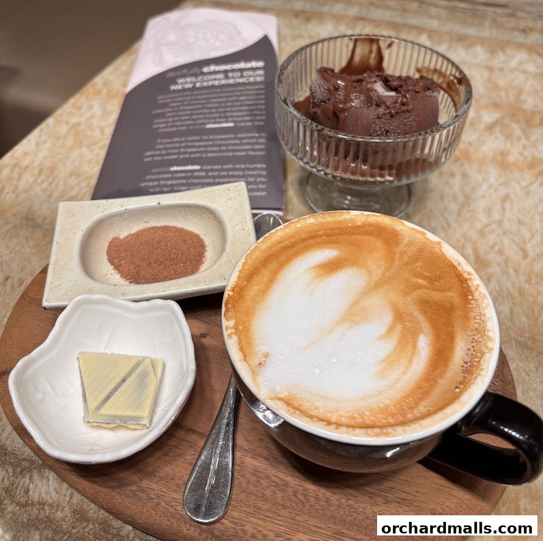 A cup of latte art coffee, chocolate ice cream, and chocolate samples on a wooden tray.