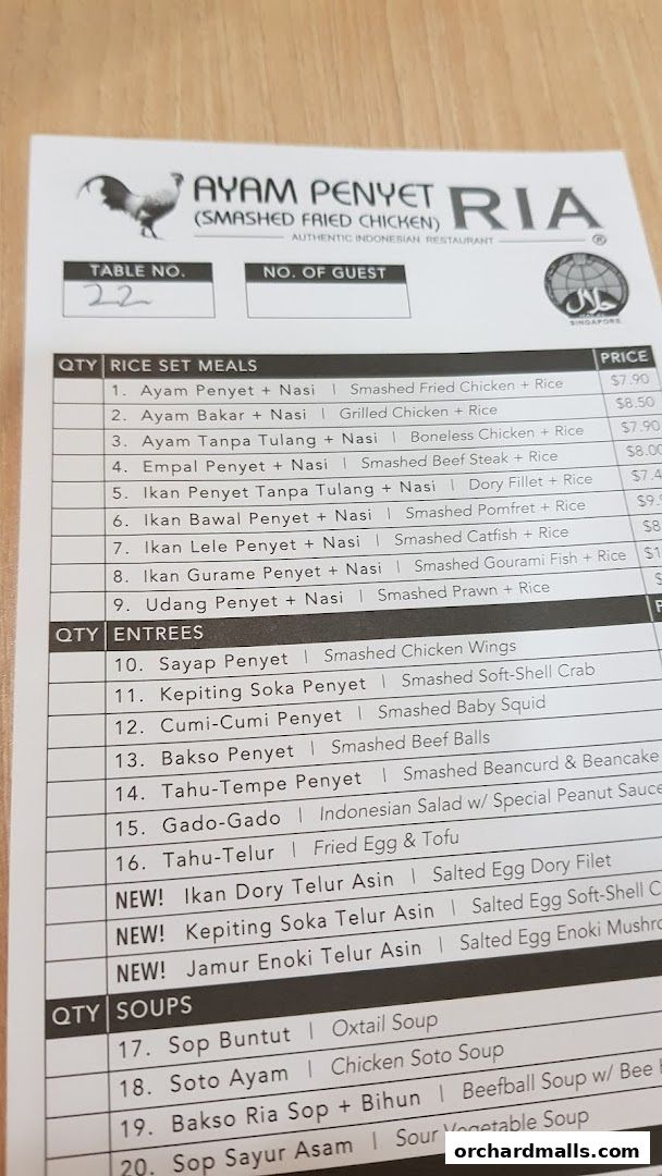 Menu page for Ayam Penyet Ria - Lucky Plaza