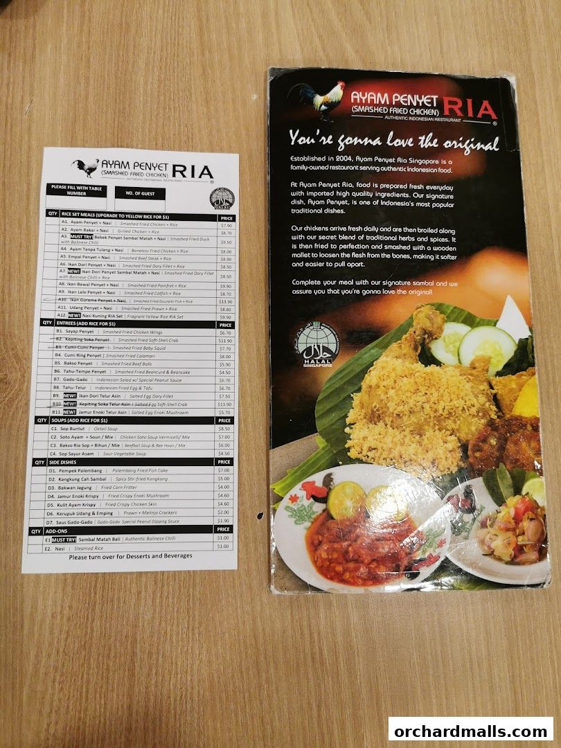 Menu page for Ayam Penyet Ria - Lucky Plaza