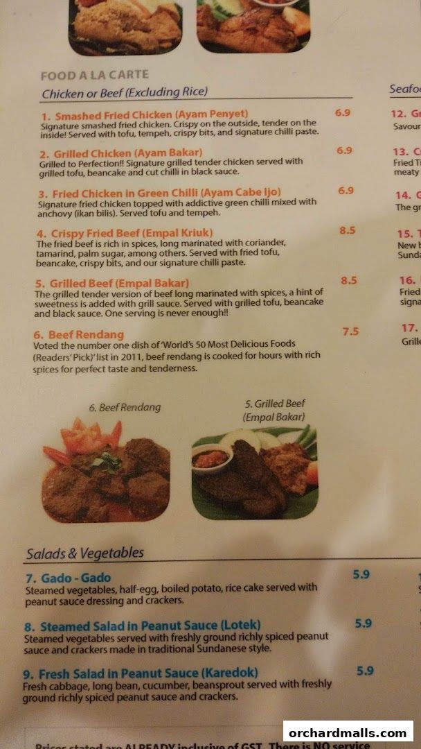 Menu page for Ayam Penyet Ria - Lucky Plaza