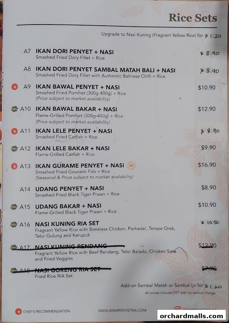 Menu page for Ayam Penyet Ria - Lucky Plaza