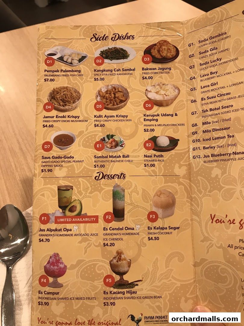 Menu page for Ayam Penyet Ria - Lucky Plaza