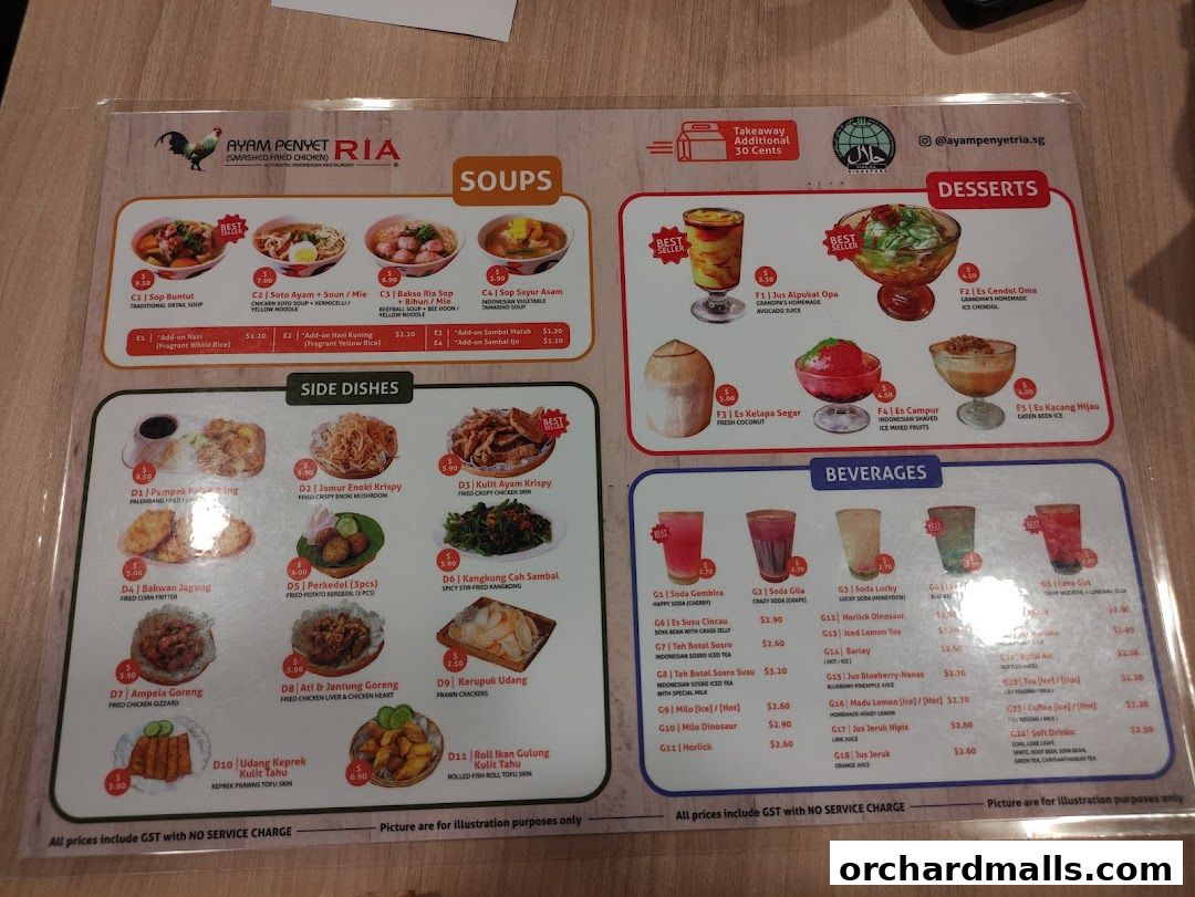 Menu page for Ayam Penyet Ria - Lucky Plaza