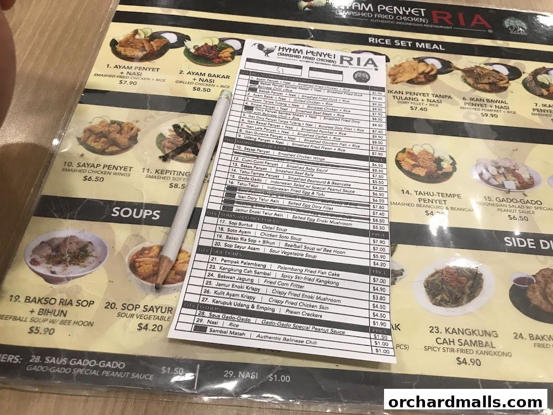 Menu page for Ayam Penyet Ria - Lucky Plaza