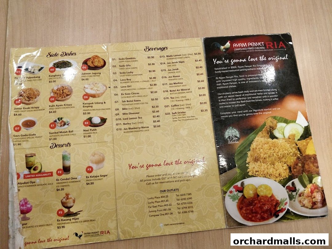 Menu page for Ayam Penyet Ria - Lucky Plaza