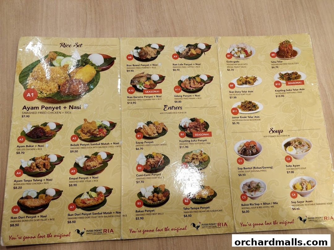 Menu page for Ayam Penyet Ria - Lucky Plaza