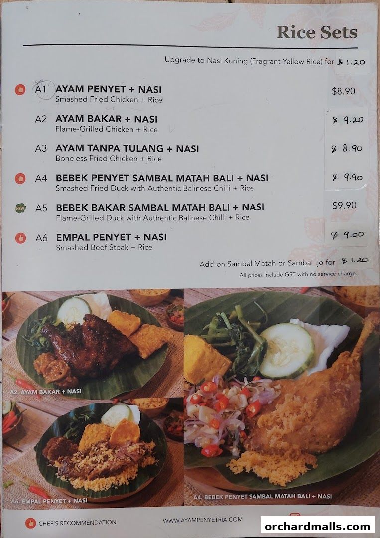 Menu page for Ayam Penyet Ria - Lucky Plaza