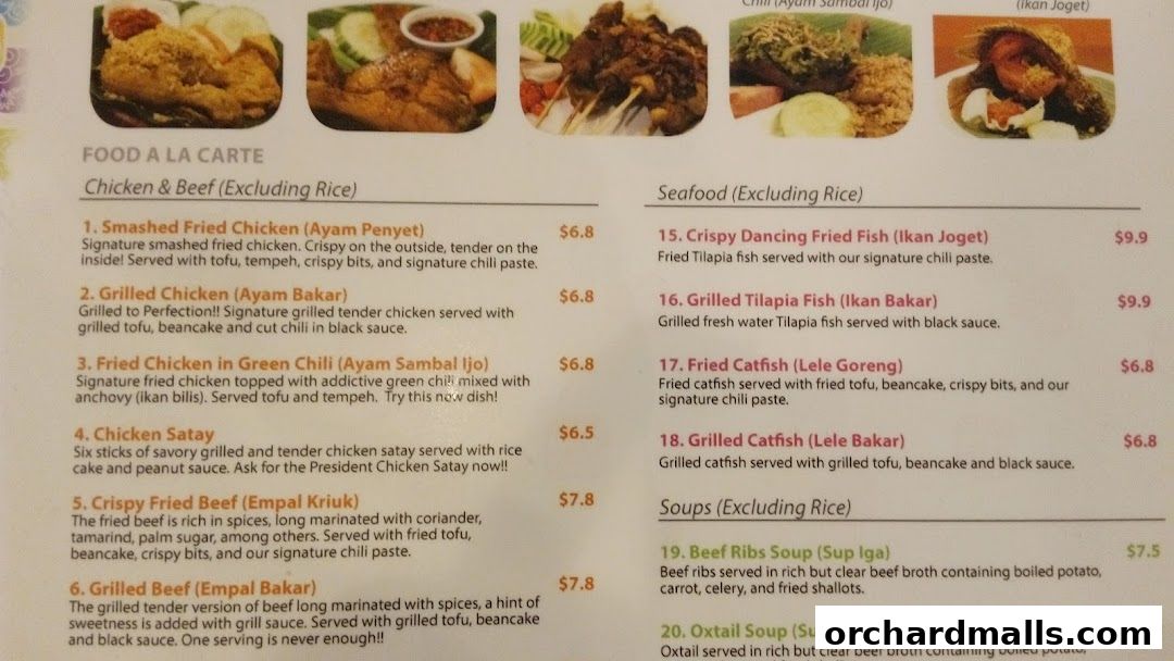 Menu page for Ayam Penyet Ria - Lucky Plaza