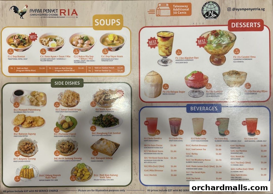 Menu page for Ayam Penyet Ria - Lucky Plaza
