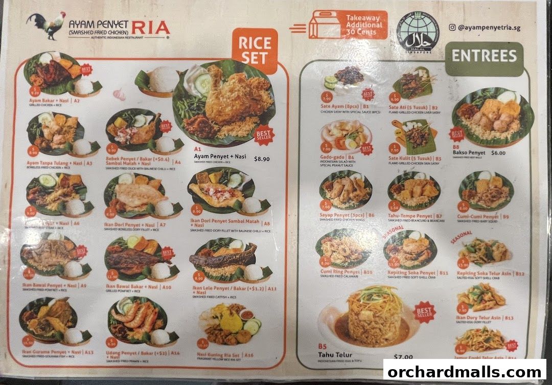 Menu page for Ayam Penyet Ria - Lucky Plaza
