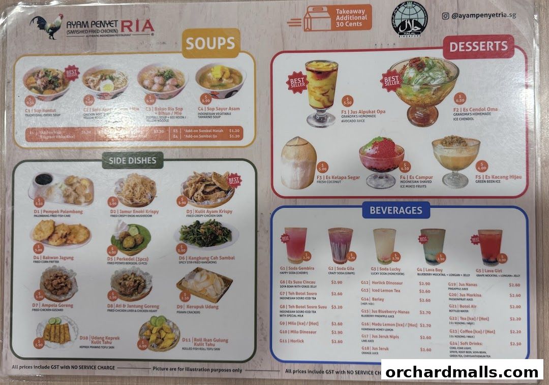 Menu page for Ayam Penyet Ria - Lucky Plaza