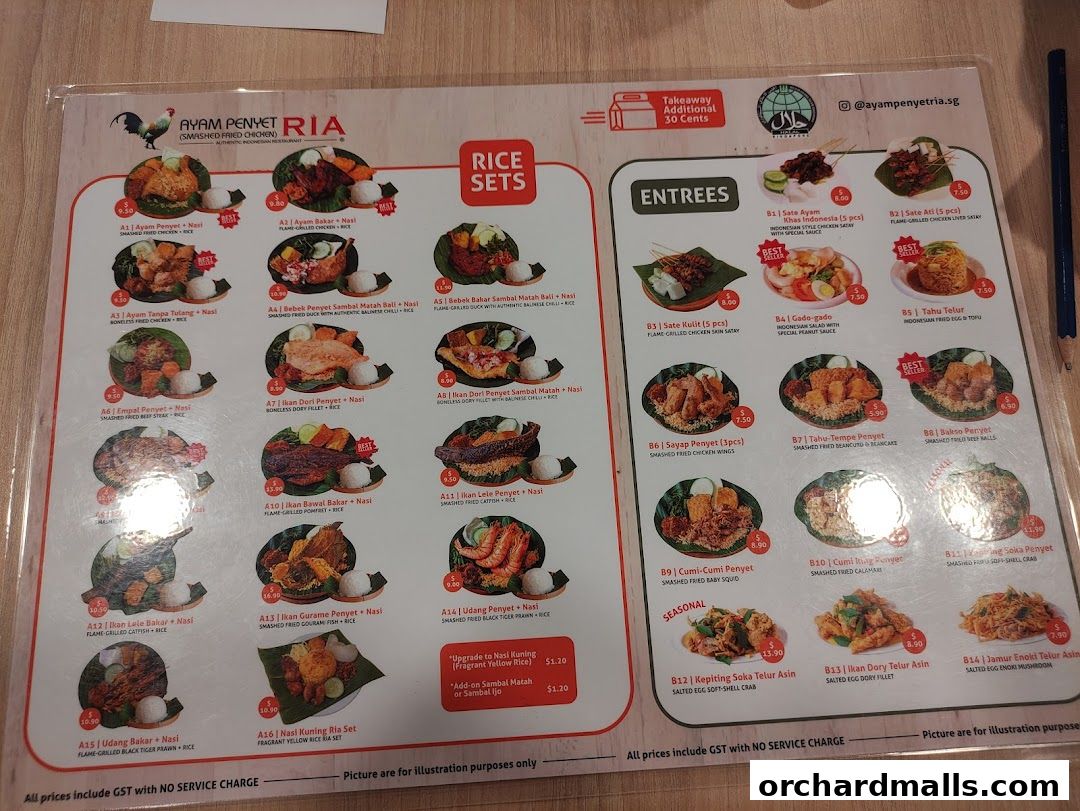 Menu page for Ayam Penyet Ria - Lucky Plaza