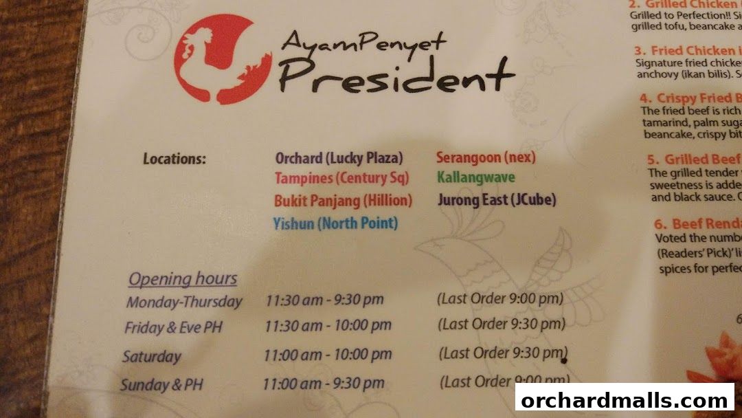 Menu page for Ayam Penyet Ria - Lucky Plaza