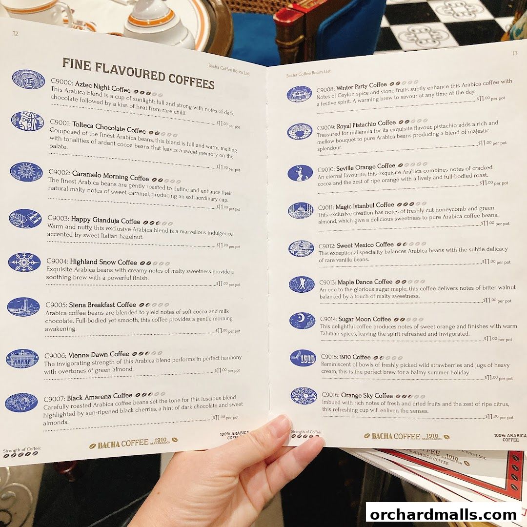 A menu from Bacha Coffee featuring a list of fine flavored coffees with descriptions and prices.