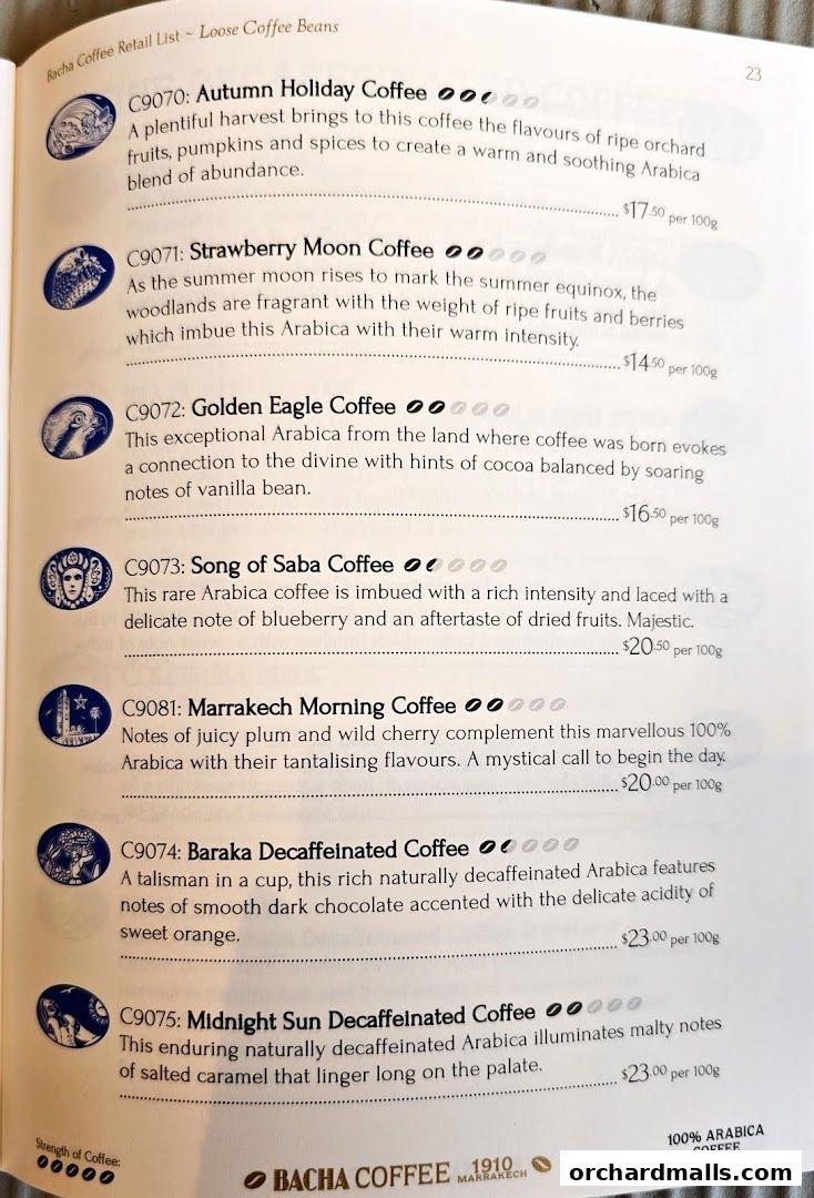 A list of Bacha Coffee's loose coffee beans with descriptions and prices.
