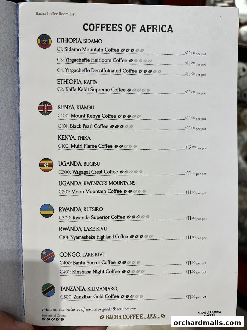 A menu listing various coffees from Africa, with origins and prices.