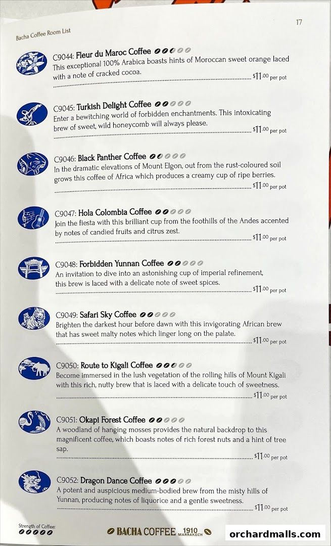A menu listing various Bacha Coffee brews with descriptions and prices.