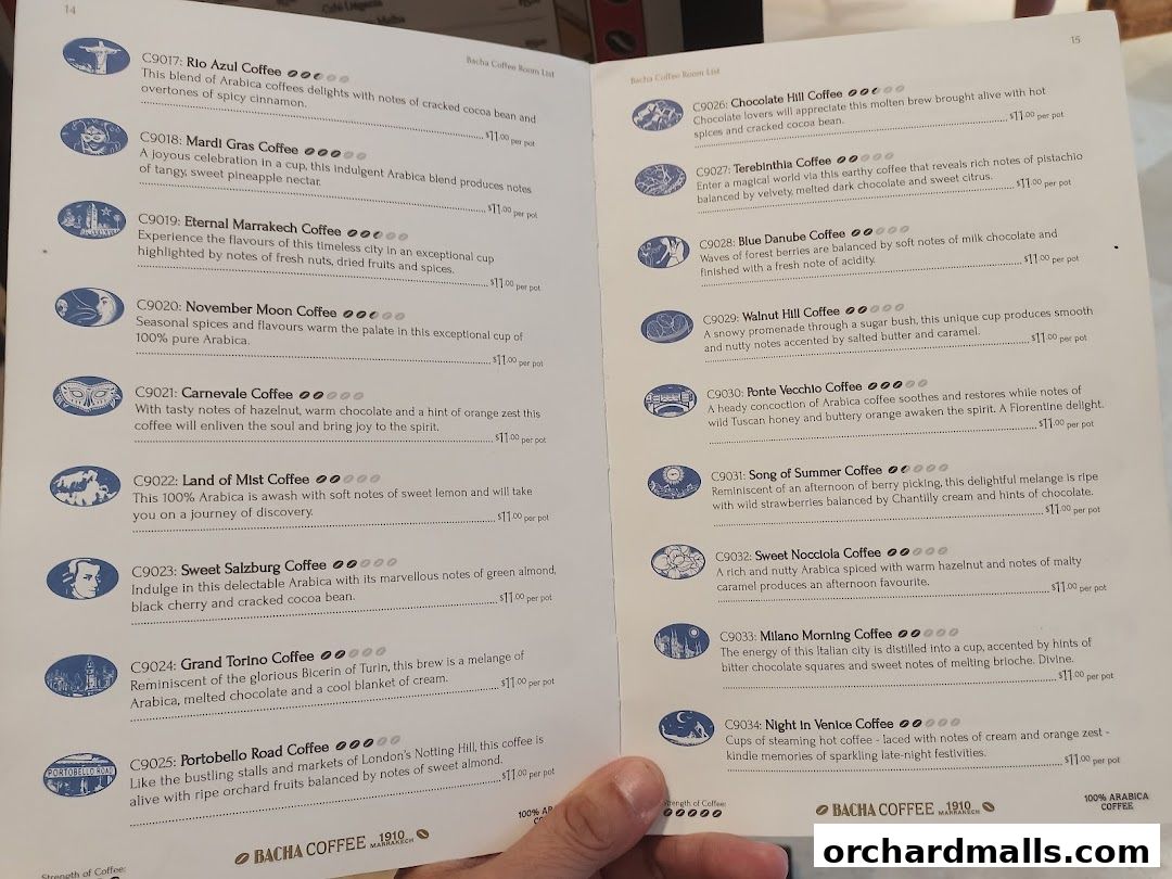A menu from Bacha Coffee listing various coffee blends with descriptions and prices.