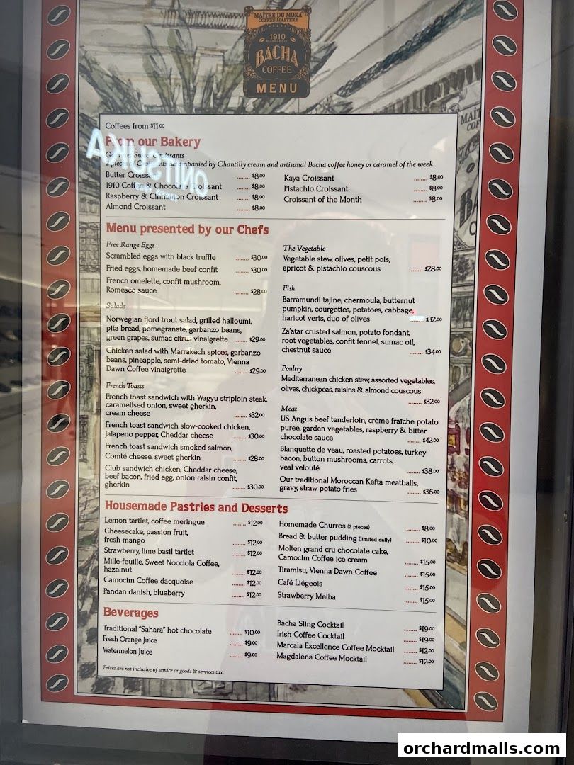 A menu from Bacha Coffee featuring a variety of coffees, pastries, desserts, and beverages.