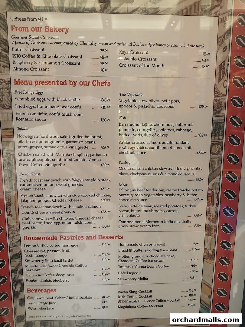 A menu from Bacha Coffee featuring a variety of pastries, toasts, salads, main courses, and beverages.